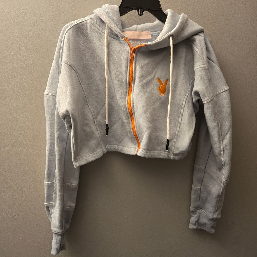 Playboy X Missguided Crop Full Zip Blue Women's Hoodie Sweater Size 6/Medium